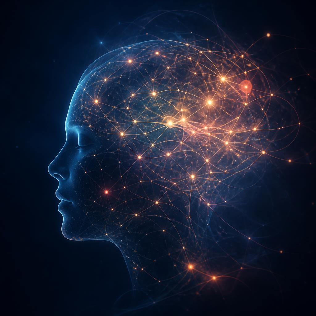 Illustration of a mind graph — a human profile filled with a constellation of interconnected glowing nodes.